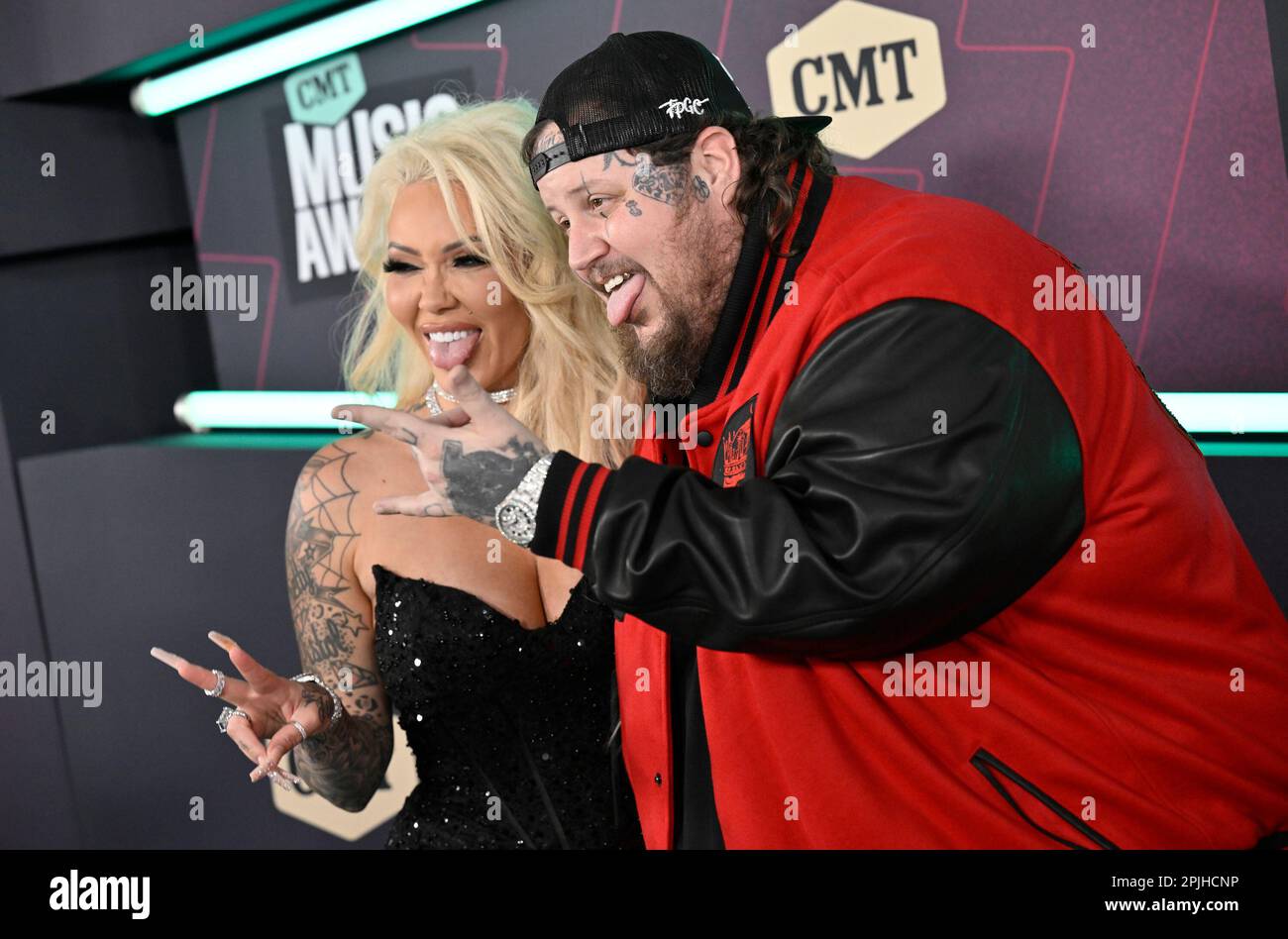 Jelly Roll, right, and Bunnie Xo arrive at the CMT Music Awards on Sunday,  April 2, 2023, at the Moody Center in Austin, Texas. (Photo by Evan  Agostini/Invision/AP Stock Photo - Alamy