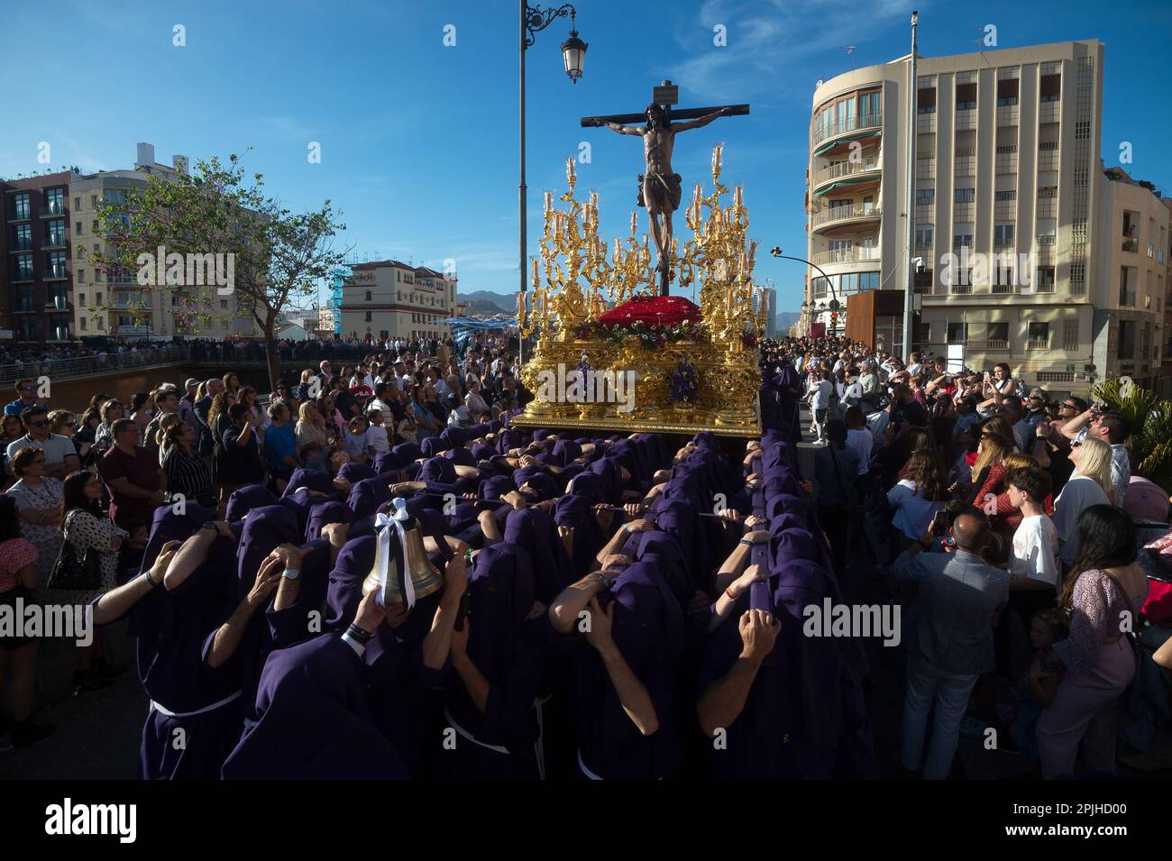 April 2, 2023, Malaga, Spain A general view show penitents of 'Salud