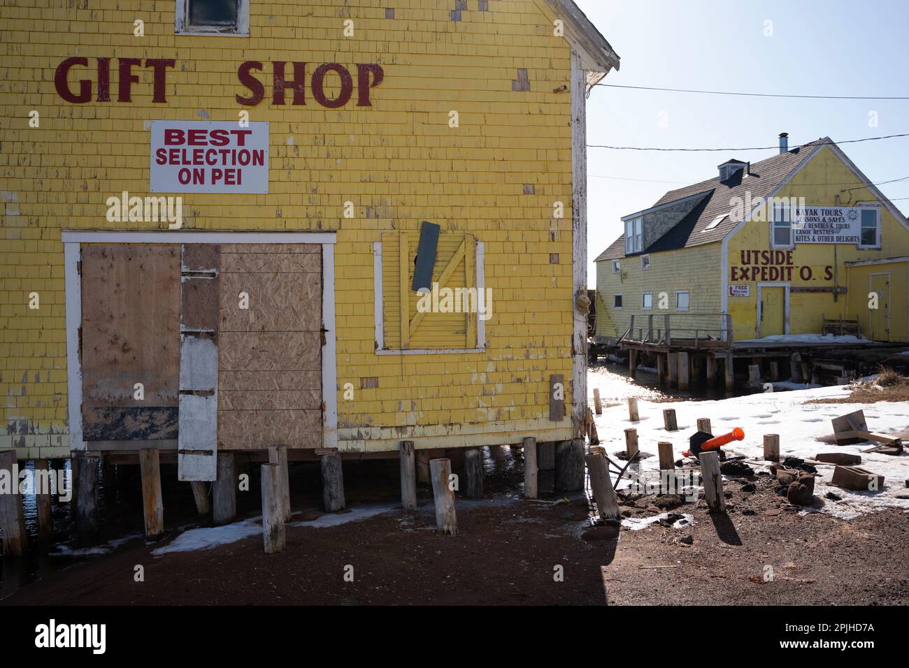 North Rustico Harbour, Canada. 02nd Apr, 2023. Damage to businesses