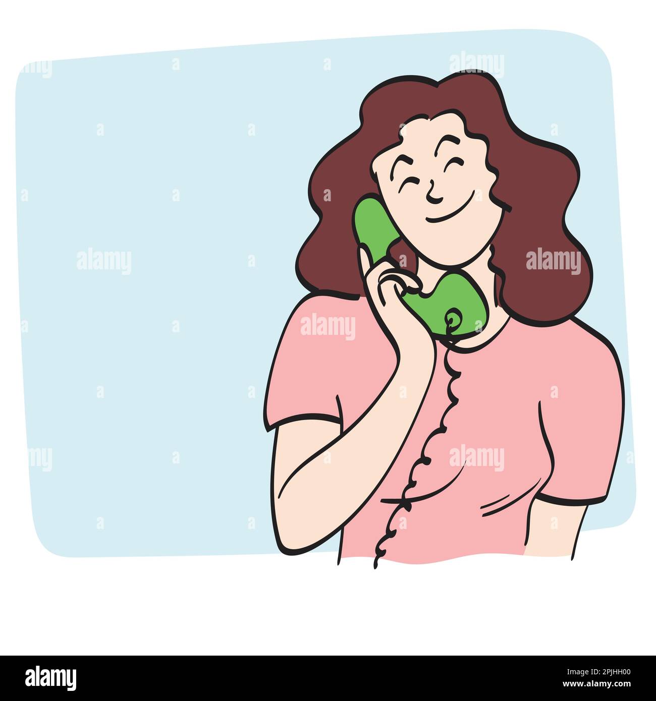 line art woman using retro grren telephone on blank blue space illustration vector hand drawn isolated on white background Stock Vector