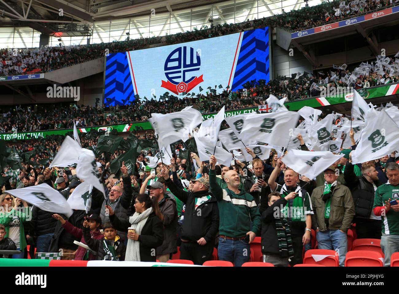 Plymouth Argyle fans wave flags prior to kick off during the EFL Papa