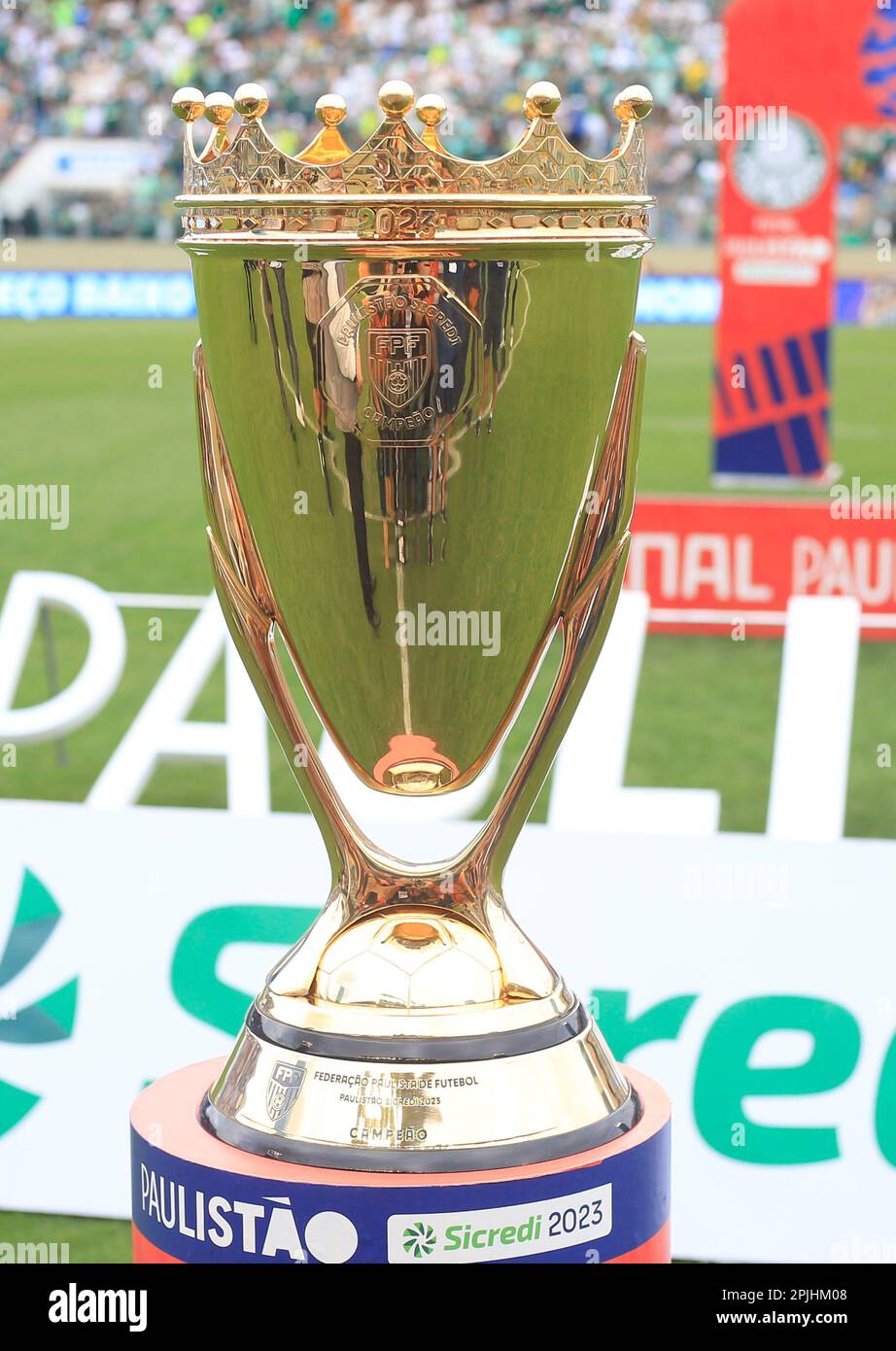 SAO PAULO,BRAZIL - APRIL 2: The trophy is seen before a match between E.C.  Água Santa and S.E Palmeiras as part of Final of Campeonato Paulista 2023  (Sao Paulo State Championship) at