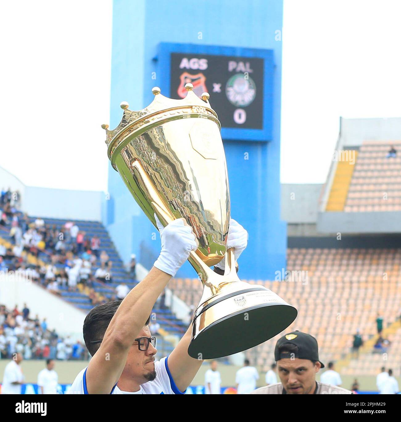 SAO PAULO,BRAZIL - APRIL 2: The trophy is seen before a match between E.C.  Água Santa and S.E Palmeiras as part of Final of Campeonato Paulista 2023  (Sao Paulo State Championship) at