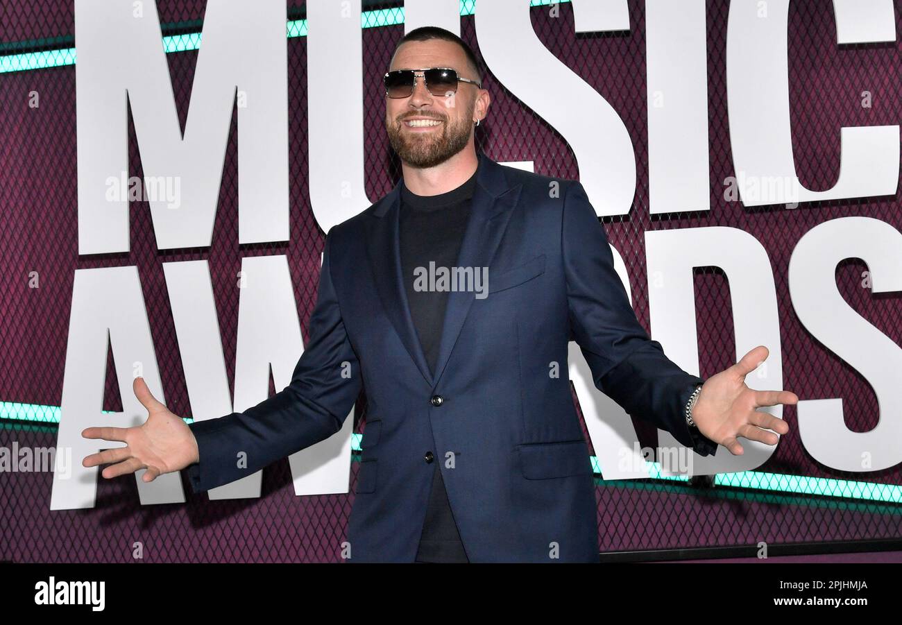 Travis Kelce arrives at the CMT Music Awards on Sunday, April 2, 2023