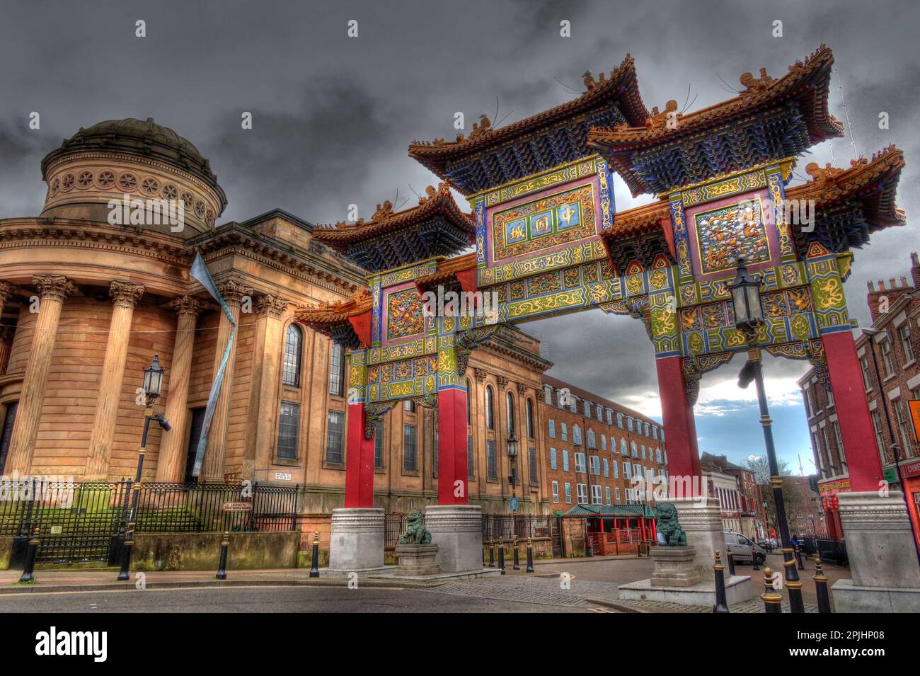 The paifang Chinatown Gate, Nelson Street, Liverpool, Merseyside, England, UK, L1 5DN Stock Photo
