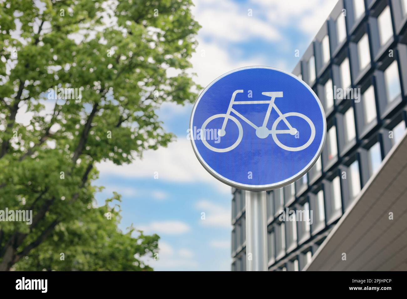Traffic sign Cycleway on city street, low angle view. Space for text ...