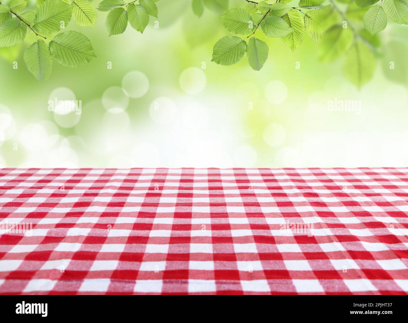 Table with checkered picnic cloth outdoors on sunny day. Space for design Stock Photo