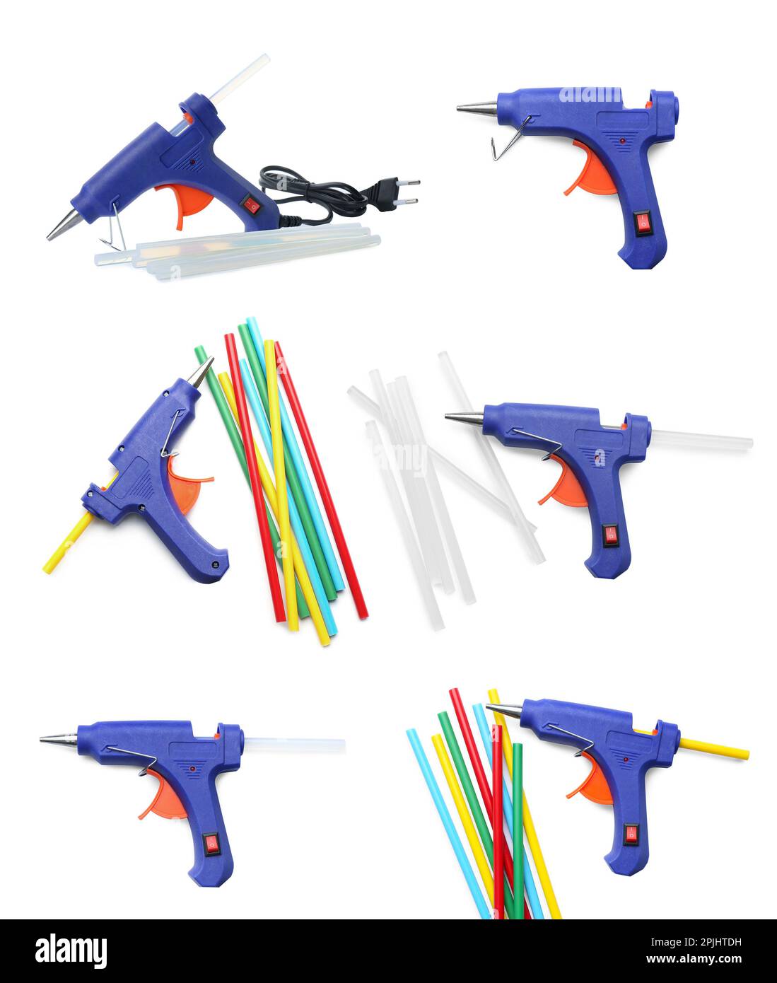 Set with blue glue guns with sticks on white background Stock Photo