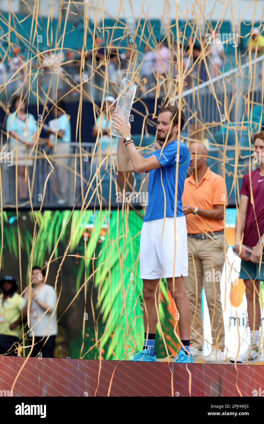 MIAMI GARDENS, FLORIDA APRIL 02 Daniil Medvedev of Russia celebrates with the Butch Buchholz