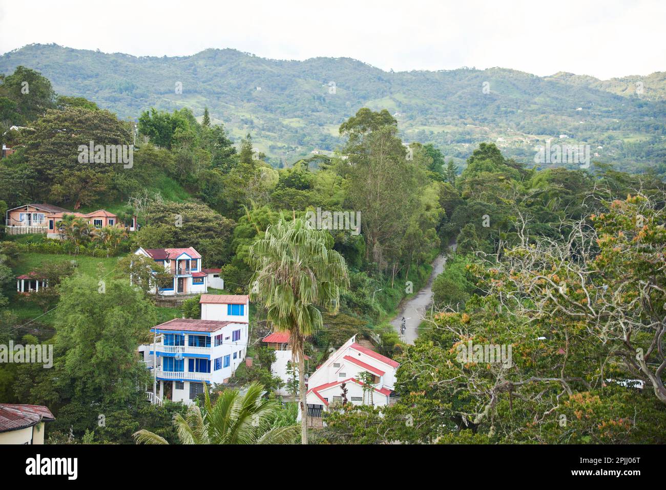 View of the mountainous landscape from a hill near Puente Nacional, Santander, Colombia. Stock Photo