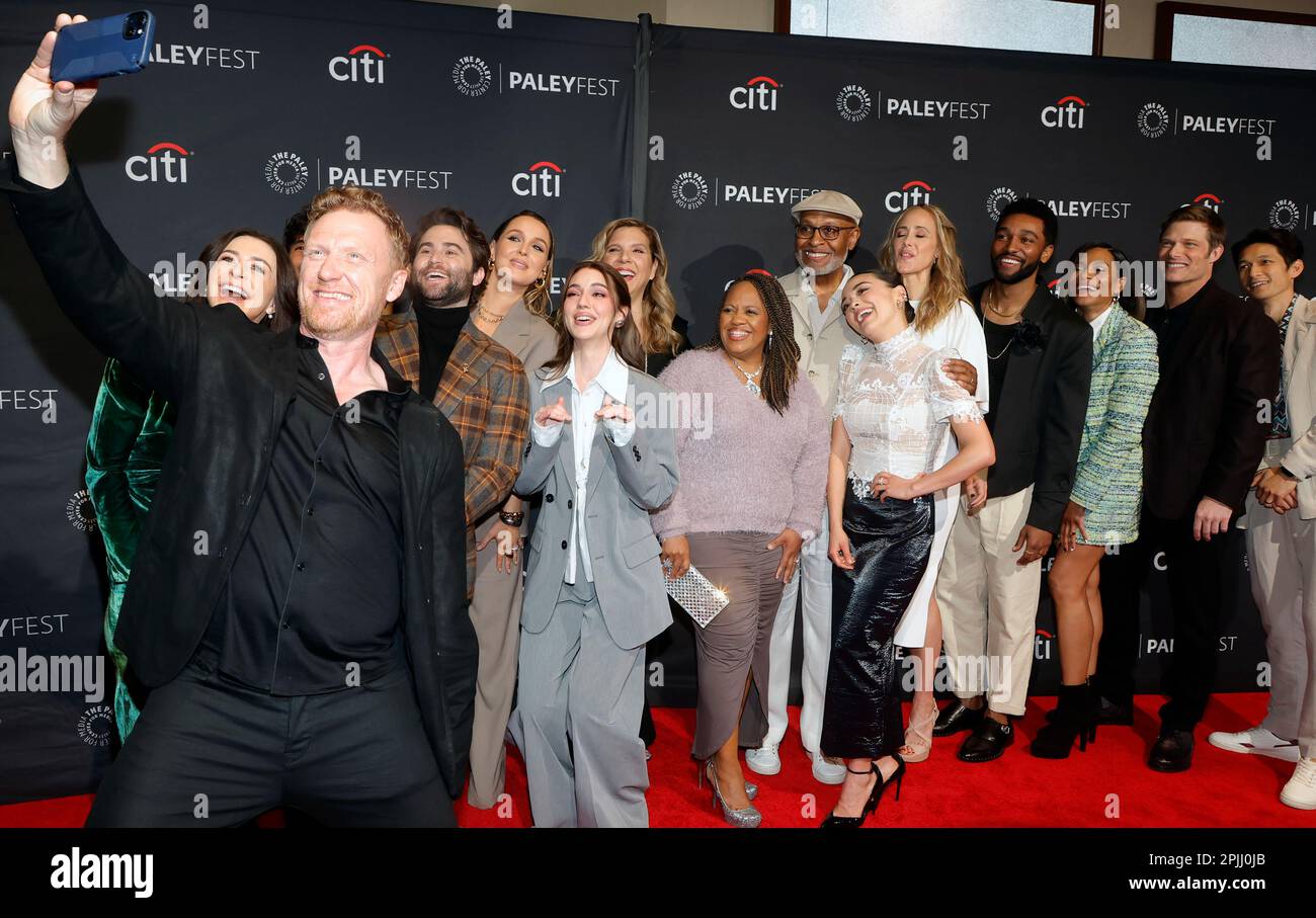 Hollywood, Ca. 2nd Apr, 2023. Niko Terho, Caterina Scorsone, Jake Borelli, Camilla Luddington, Krista Vernoff, Chandra Wilson, James Pickens Jr., Midori Francis, Kim Raver, Adelaide Kane, Anthony Hill, Kelly McCreary, Kevin McKidd, Chris Carmack, Harry Shum Jr. at PaleyFest 2023 presentation of Grey's Anatomy at the Dolby Theatre in Hollywood, California on April 1, 2023. Credit: Faye Sadou/Media Punch/Alamy Live News Stock Photo