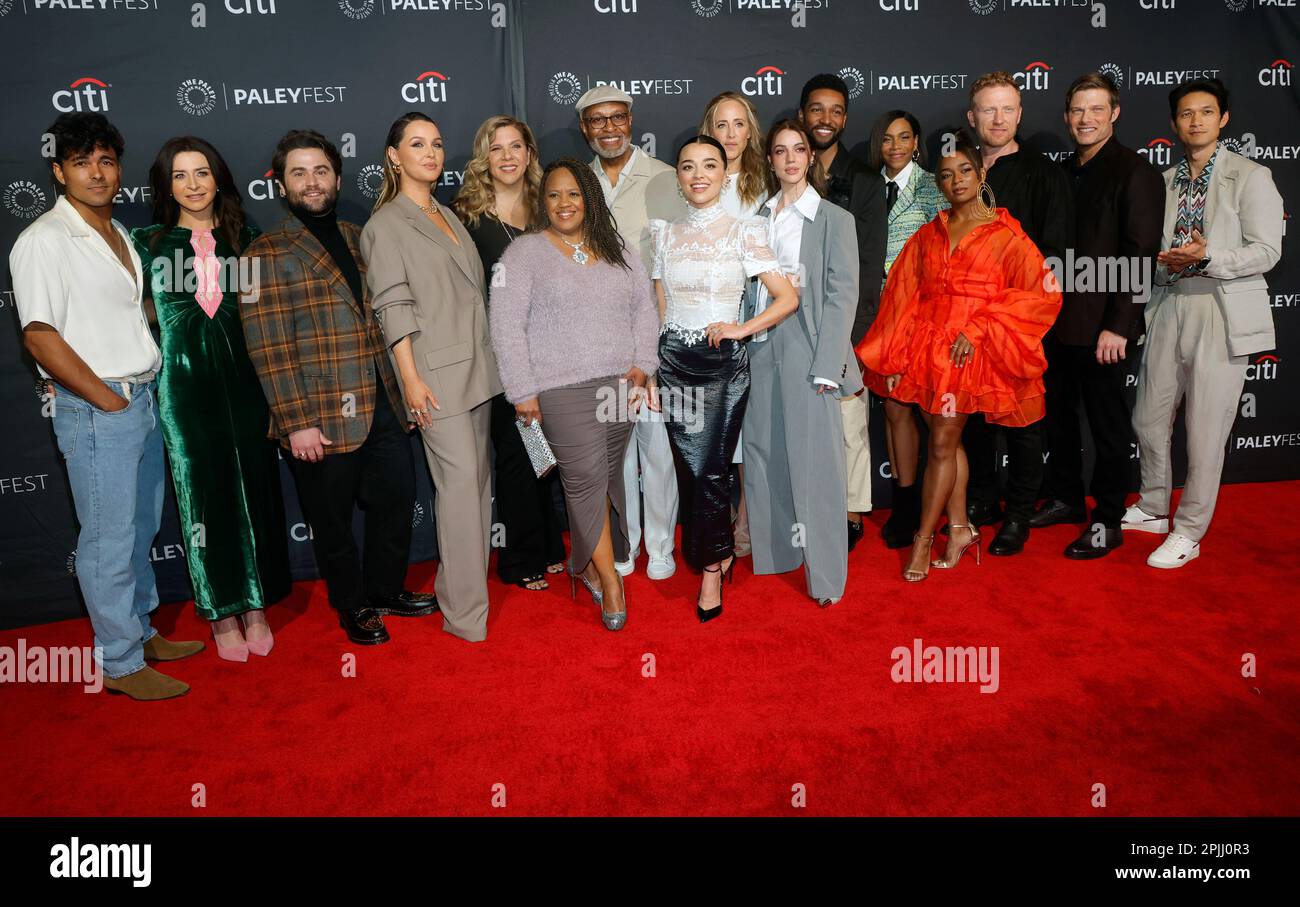 Hollywood, Ca. 2nd Apr, 2023. Niko Terho, Caterina Scorsone, Jake Borelli, Camilla Luddington, Krista Vernoff, Chandra Wilson, James Pickens Jr., Midori Francis, Kim Raver, Adelaide Kane, Anthony Hill, Kelly McCreary, Alexis Floyd, Kevin McKidd, Chris Carmack, Harry Shum Jr. at PaleyFest 2023 presentation of Grey's Anatomy at the Dolby Theatre in Hollywood, California on April 1, 2023. Credit: Faye Sadou/Media Punch/Alamy Live News Stock Photo