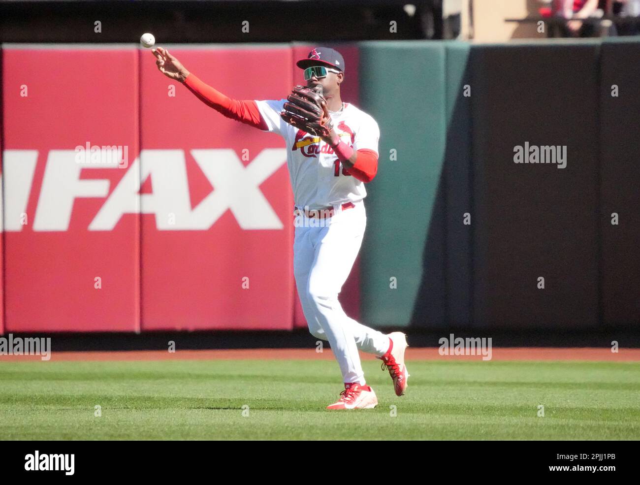 St. Louis Cardinals right fielder Jordan Walker throws the baseball in after a RBI single by Toronto Blue Jays Danny Jansen in the second inning at Busch Stadium in St. Louis on Sunday, April 2, 2023. Photo by Bill Greenblatt/UPI Stock Photo