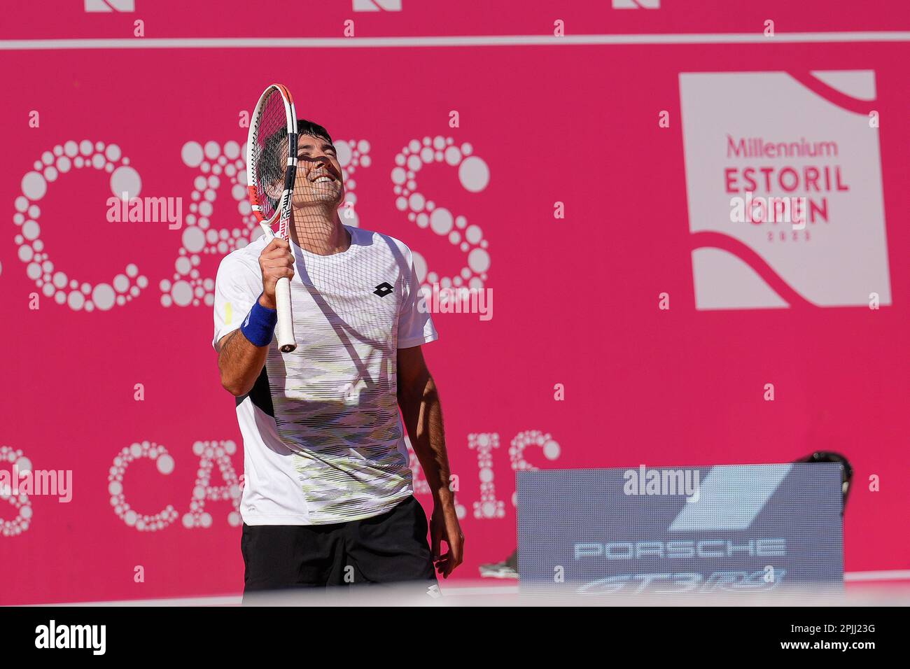 Estoril, Portugal. 02nd Apr, 2023. Sebastian Ofner from Austria celebrates  his victory during the Millennium Estoril Open second qualifying round ATP  250 tennis tournament at the Clube de Tenis do Estoril. Final