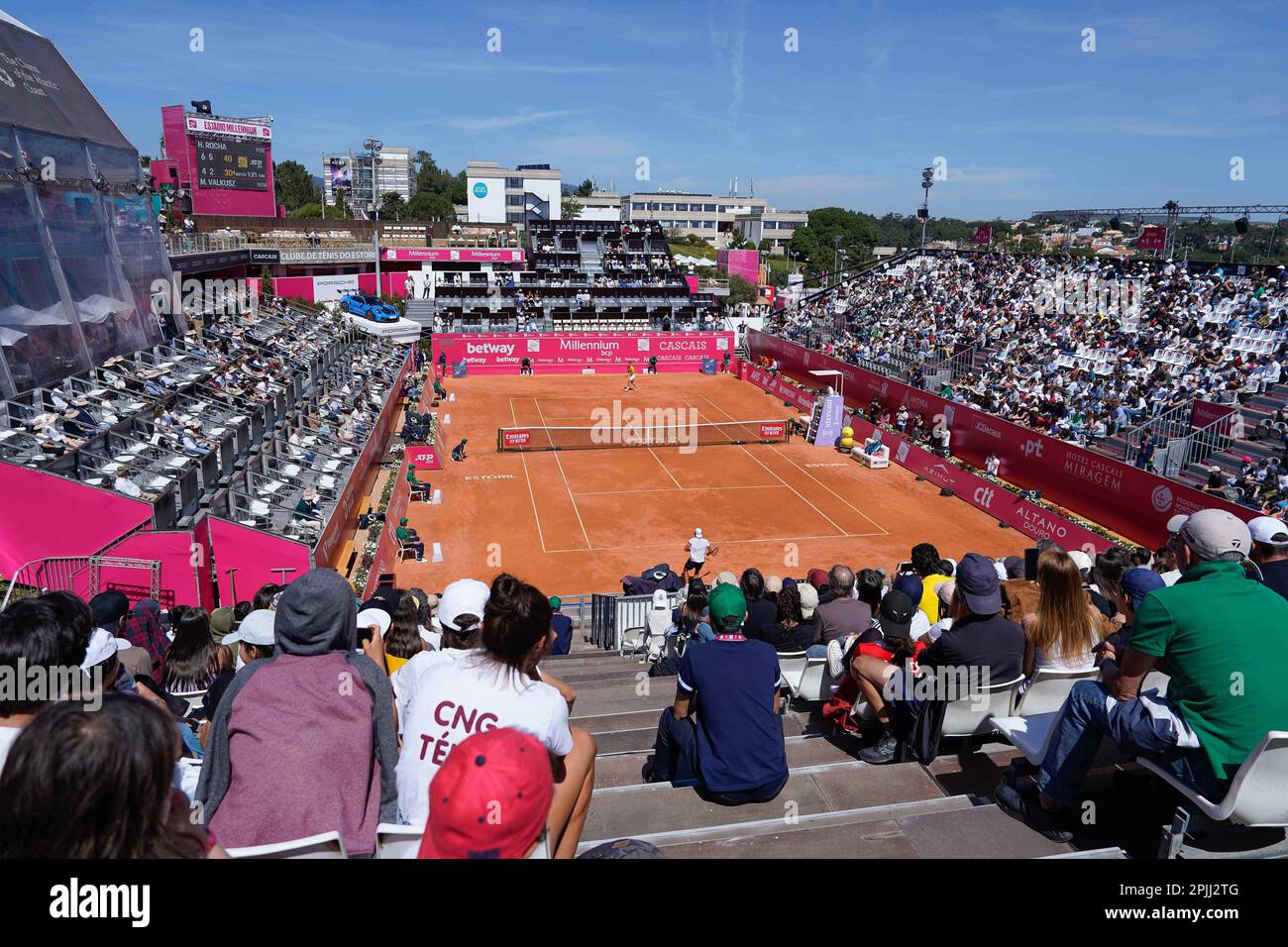 Estoril, Portugal. 02nd Apr, 2023. General view of main court during the  Millennium Estoril Open second qualifying round ATP 250 tennis tournament  at the Clube de Tenis do Estoril. Final score: Henrique