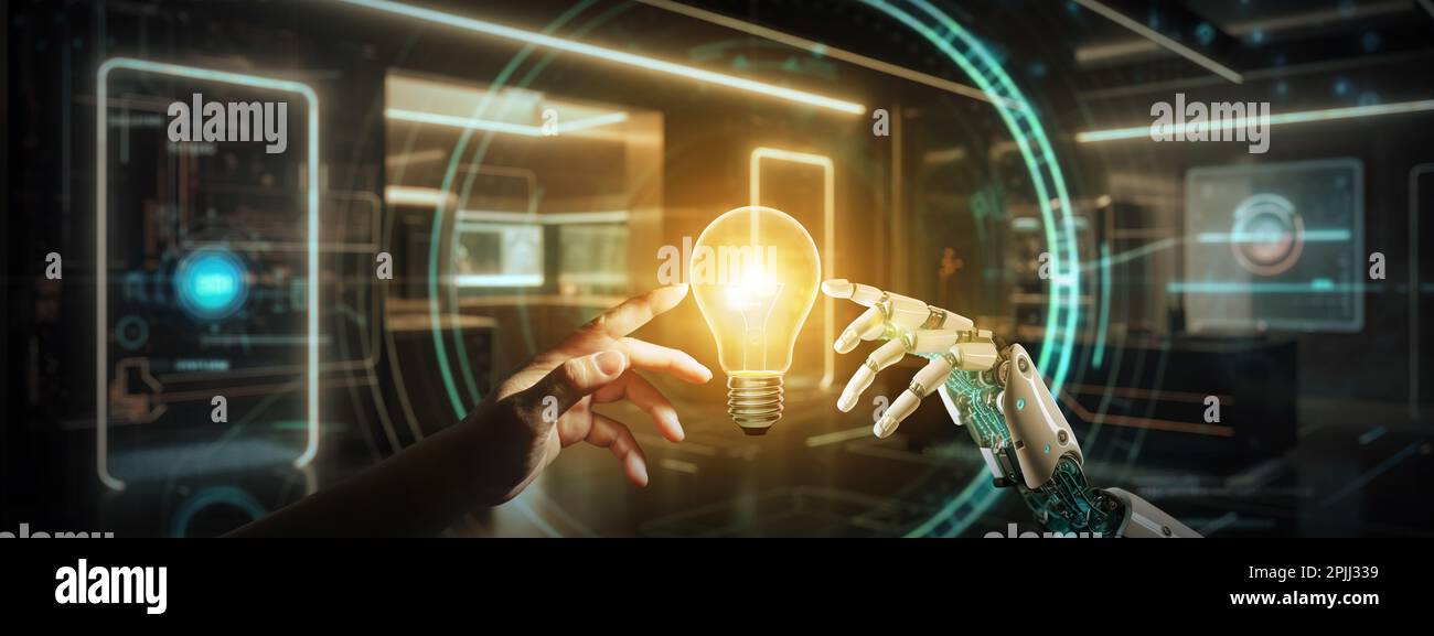 Robot hand and human hand touching light bulb together. Ai machine deep creative learning on big data network. Stock Photo