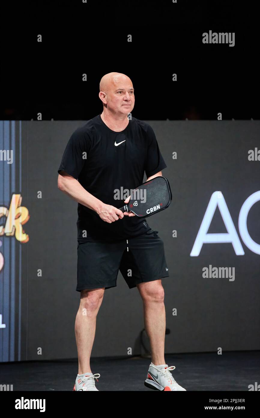 Hollywood, FL, USA. 2nd April 2023 Tennis legends Andre Agassi, John