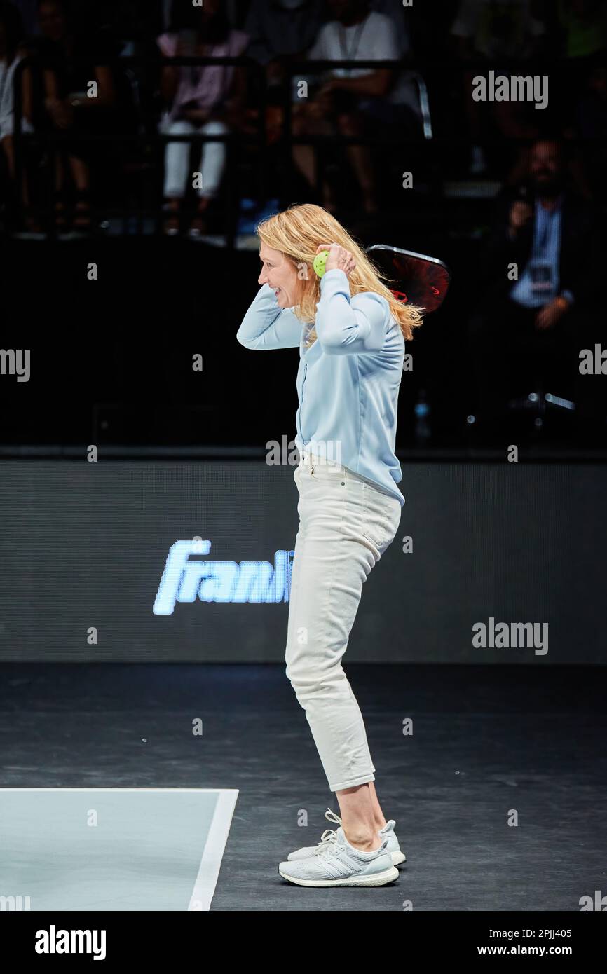 Hollywood, FL, USA. 2nd April 2023: Tennis legends Stefanie Graf during the Pickleball matches for $1M cash purse at Hard Rock Live Stock Photo