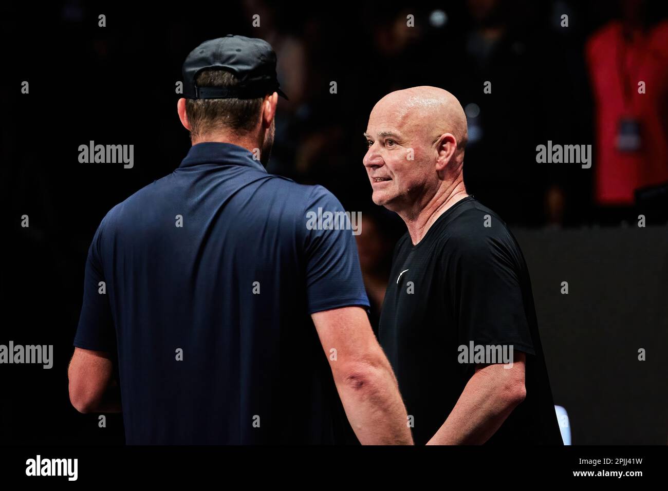 Hollywood, FL, USA. 2nd April 2023 Tennis legends Andre Agassi, John
