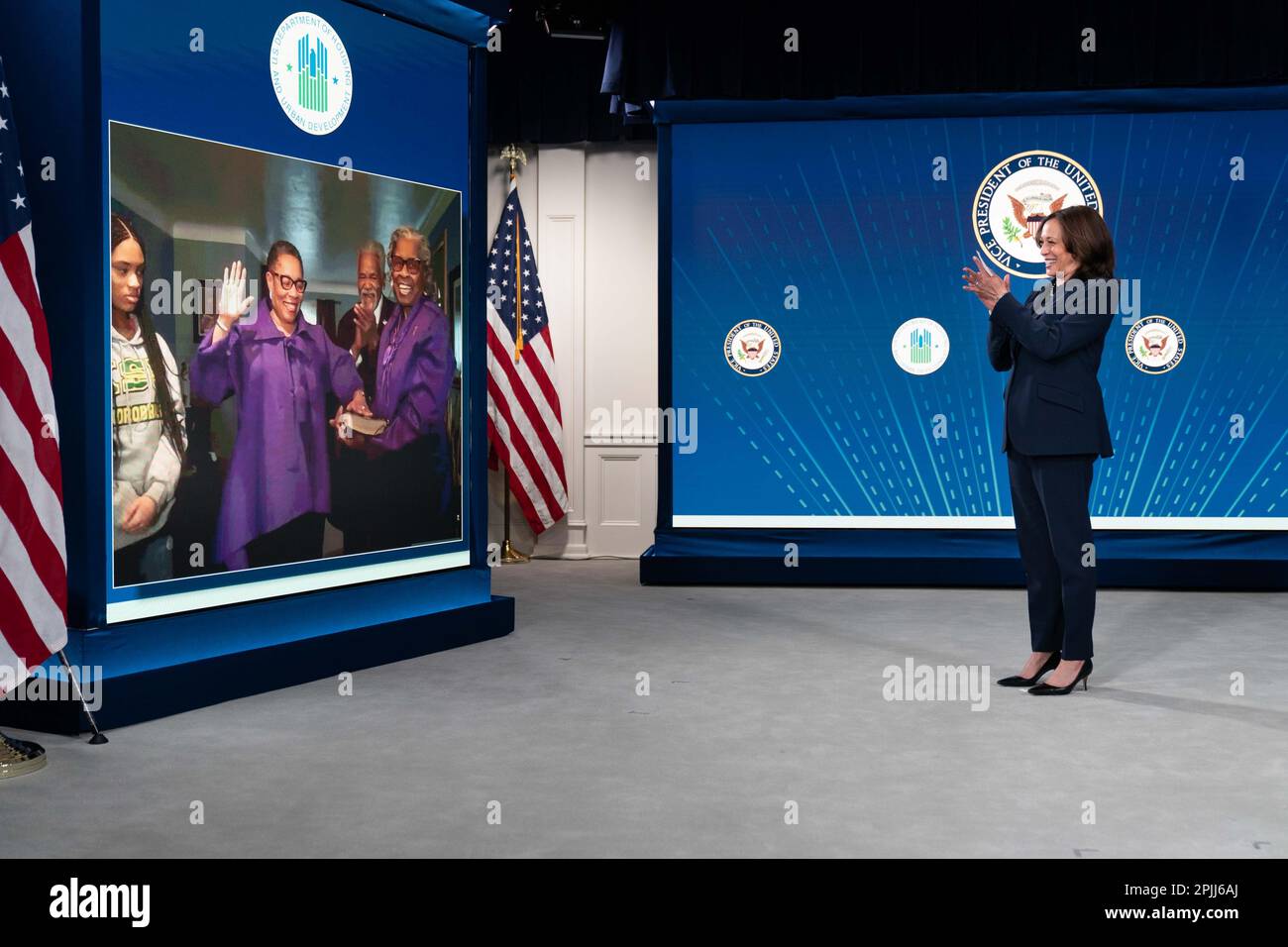 Vice President Kamala Harris applauds during the virtual swearing-in ceremony of Marcia Fudge as Secretary of Housing and Urban Development Wednesday, March 10, 2021, in the South Court Auditorium of the Eisenhower Executive Office Building at the White House. (Official White House Photo by Lawrence Jackson) Stock Photo