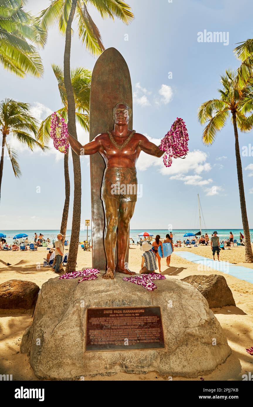 Waikiki,Oahu, Hawaii, USA, February 6, 2023 Bronze Statue of Duke
