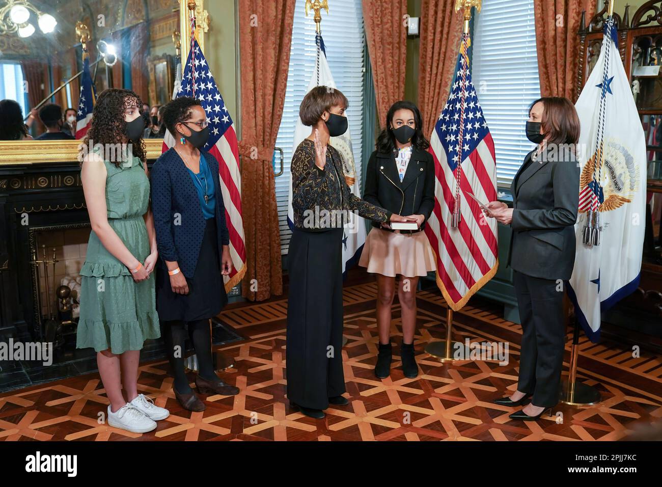 Vice President Kamala Harris swears in Cecilia Rouse as the Chair of the White House Council of Economic Advisors Thursday, March 11, 2021, in the Vice President’s Ceremonial Official in the Eisenhower Executive Office Building at the White House.  (Official White House Photo by Lawrence Jackson) Stock Photo