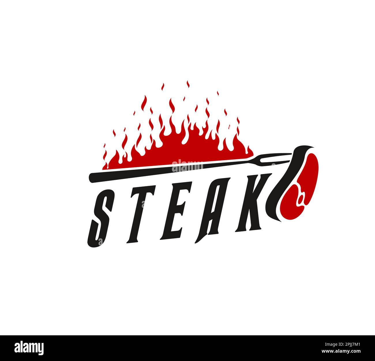 Bbq grill icon with steak hanging on fork and burning fire. Isolated ...