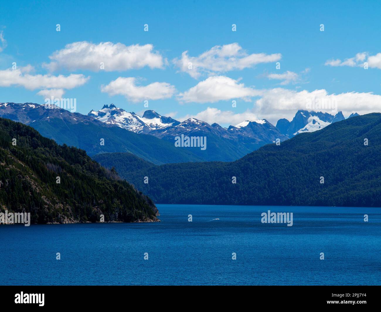 Snowy mountains at Lake Futalaufquen, Chubut Province, Argentina Stock Photo