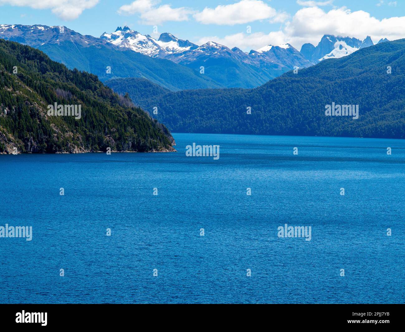 Snowy mountains at Lake Futalaufquen, Chubut Province, Argentina Stock Photo