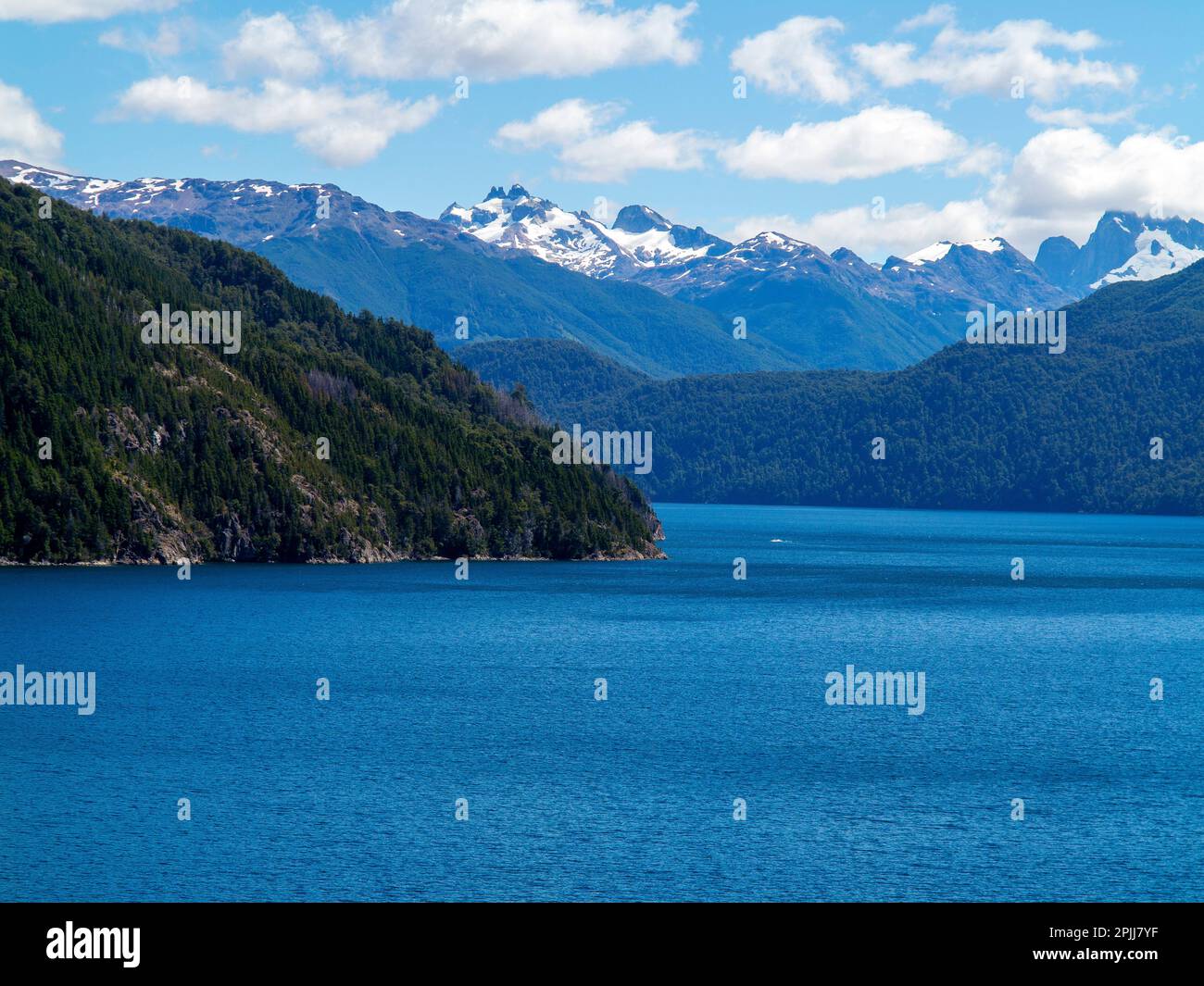 Snowy mountains at Lake Futalaufquen, Chubut Province, Argentina Stock Photo