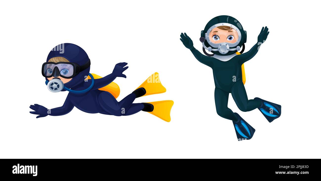 Cartoon divers, underwater scuba diving sport vector characters. Cute