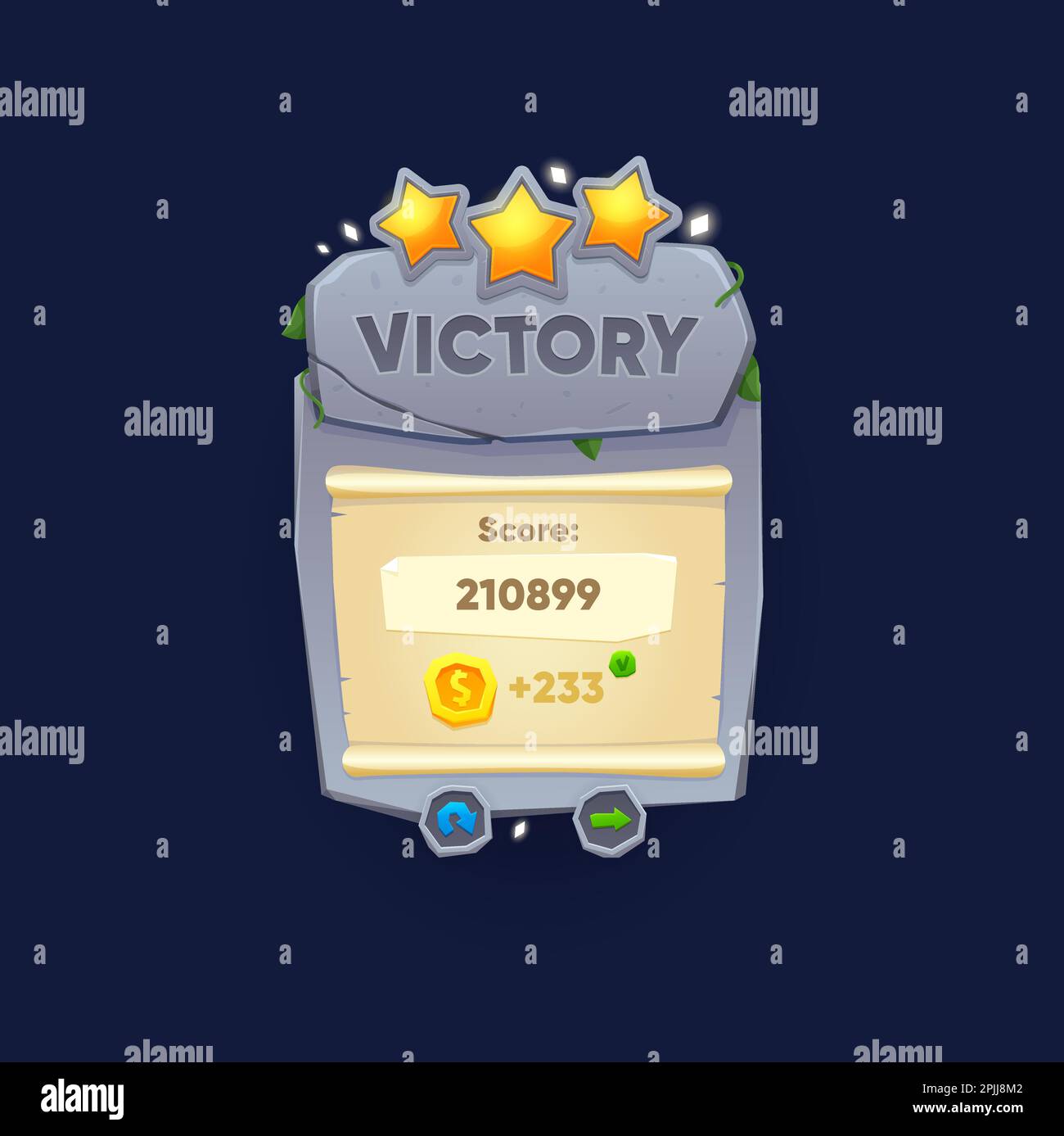 Game victory sign, banner or popup window. Cartoon vector congrats achievement award badge for mobile app. Congratulation screen with golden stars, st Stock Vector