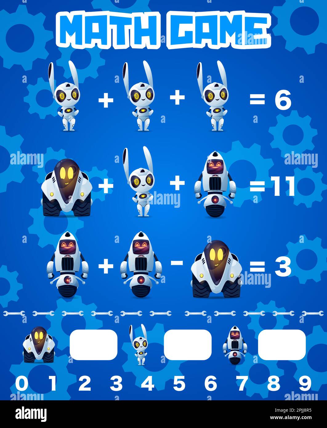 Math game worksheet cartoon robot characters. Vector mathematics riddle ...