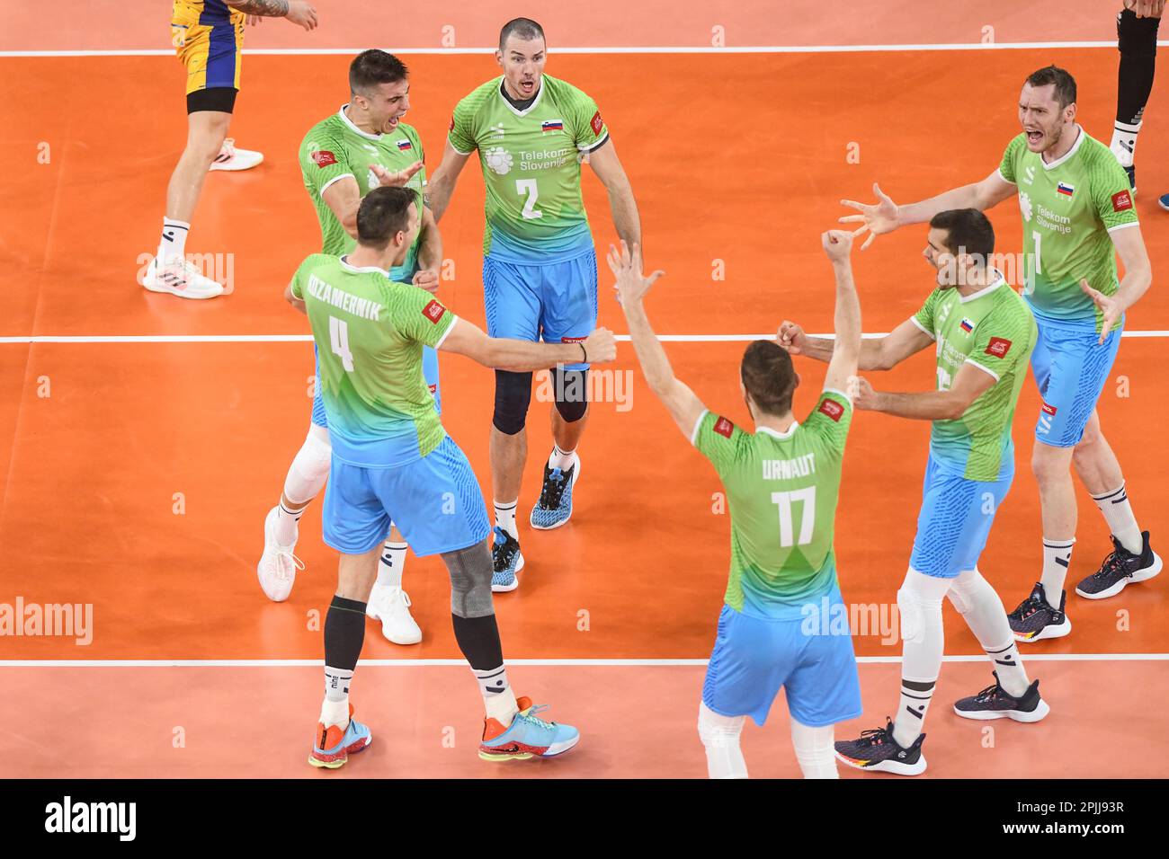 Slovenia national volleyball team celebrates the win against Slovenia