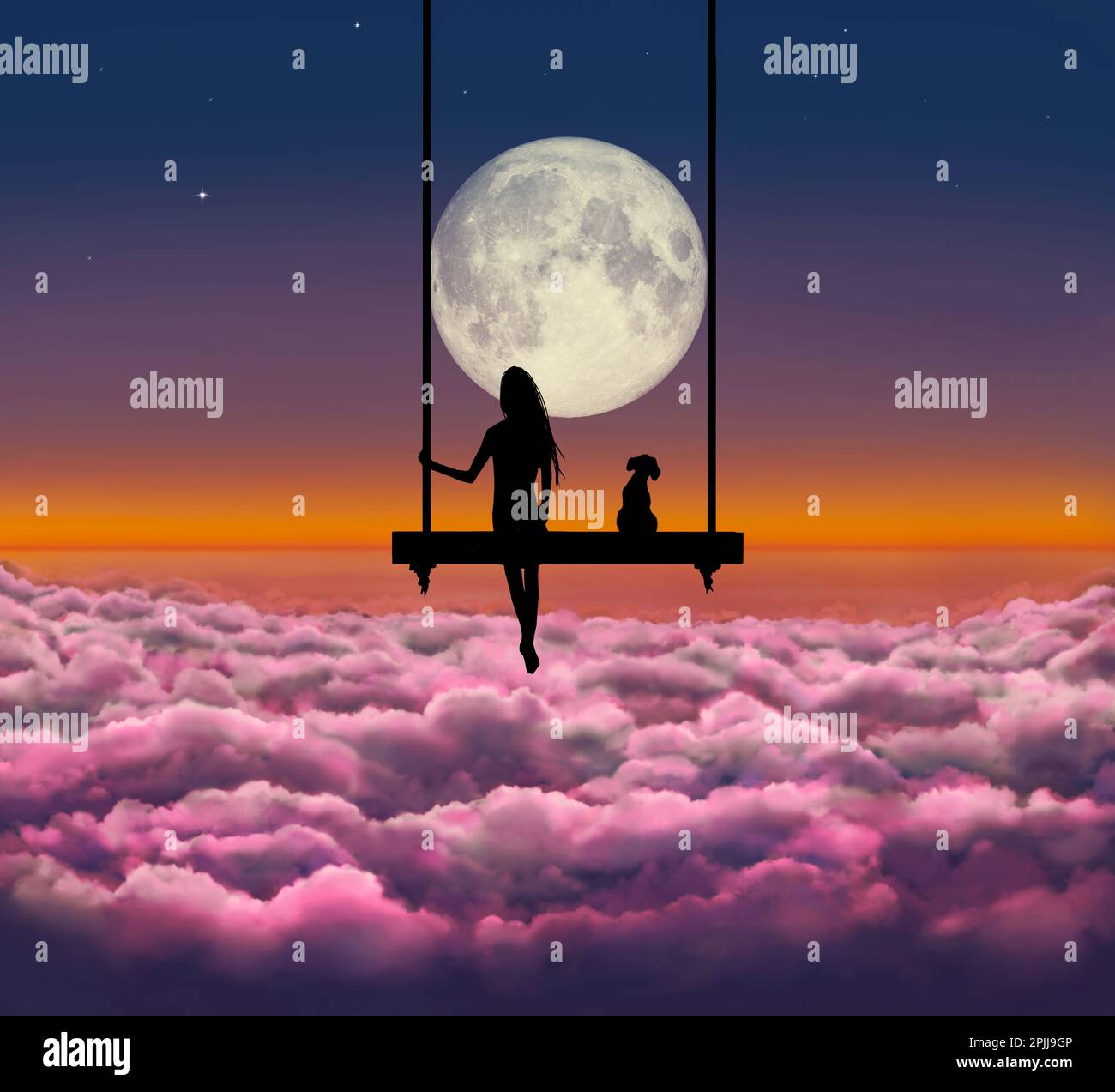 Little girl sit near her dog on the swing. Cheerful pretty young woman sit down and on the swing on the clouds sea looking at the moon, digital art st Stock Photo