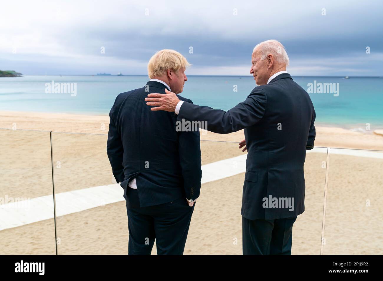 President Joe Biden talks with British Prime Minister Boris Johnson on Thursday, June 10, 2021, at the Carbis Bay Hotel and Estate in Cornwall, England. (Official White House Photo by Adam Schultz) Stock Photo