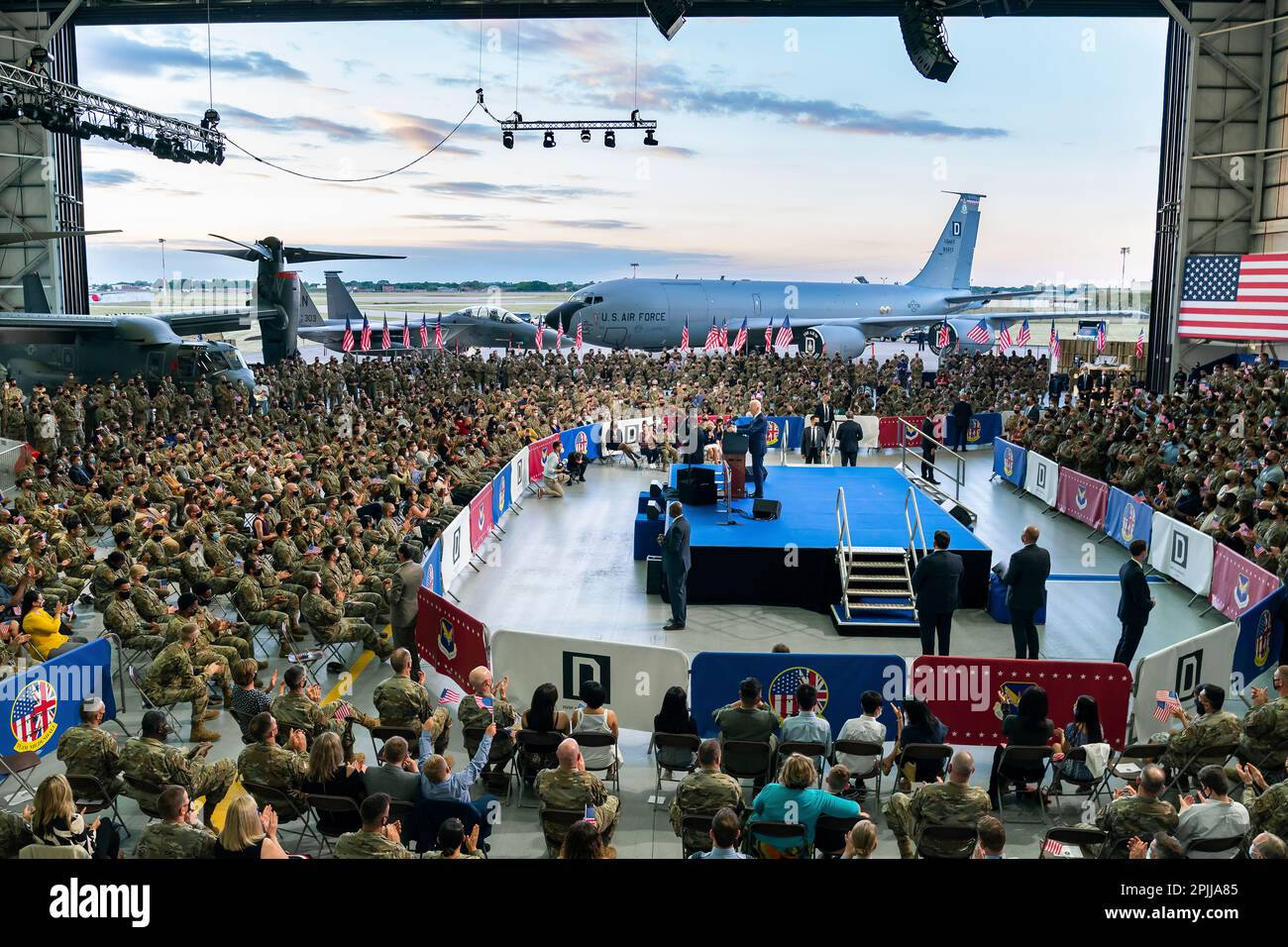 President Joe Biden and First Lady Jill Biden deliver remarks to Air Force personnel and their families on Wednesday, June 9, 2021, at Royal Air Force Mildenhall, England. (Official White House Photo by Adam Schultz) Stock Photo