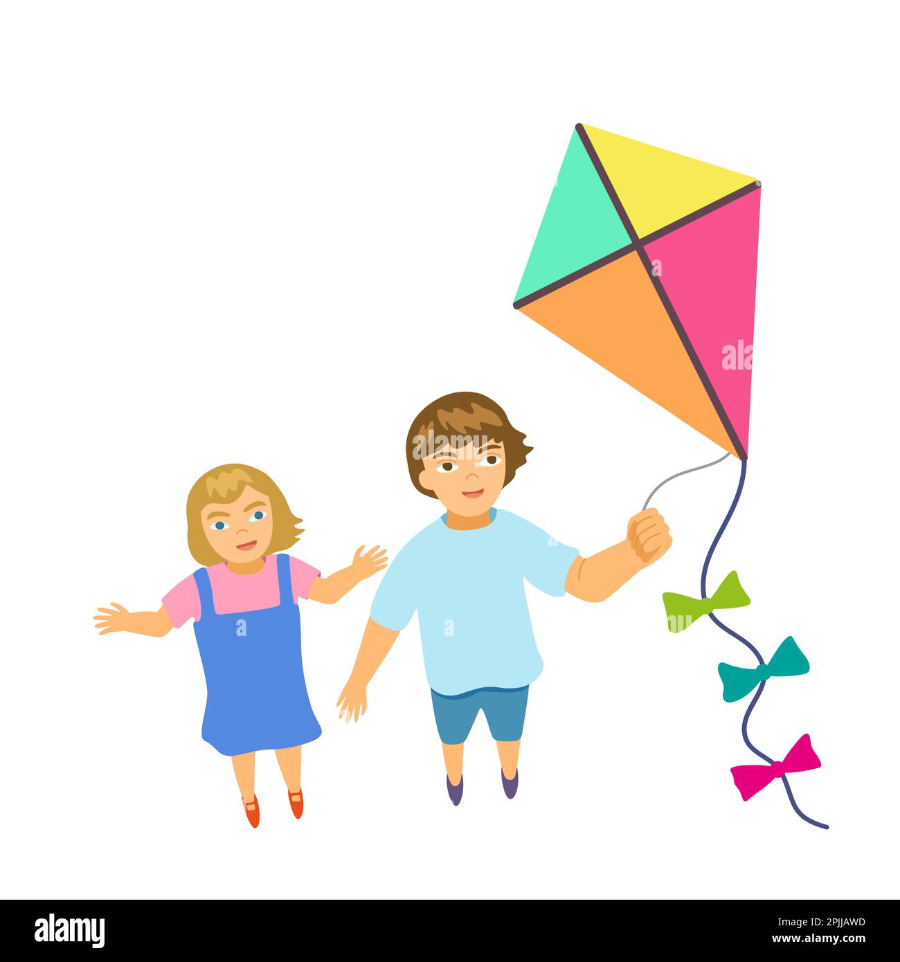 Kids flying a kite. Happy boy and girl playing together. Children with kite toy isolated on