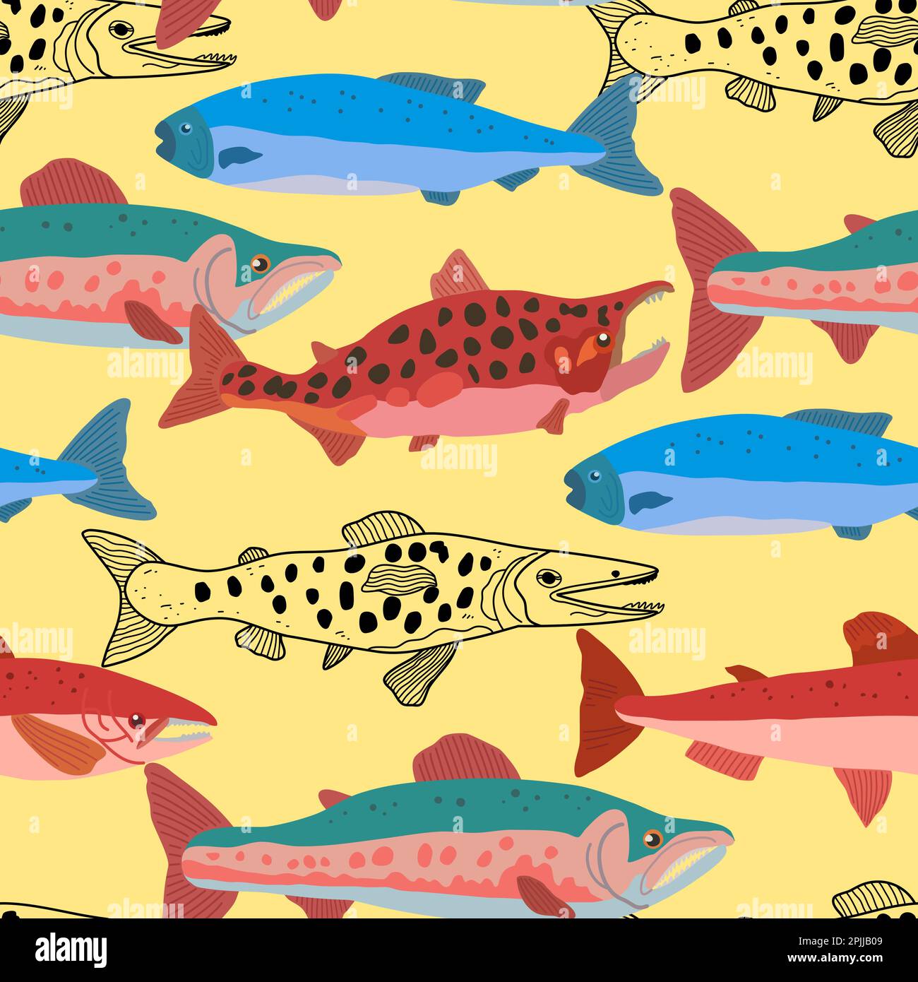 Seamless pattern with doodle salmon fish in modern original trendy style. Colorful vivid print for design. Vector hand drawn illustration. Stock Vector