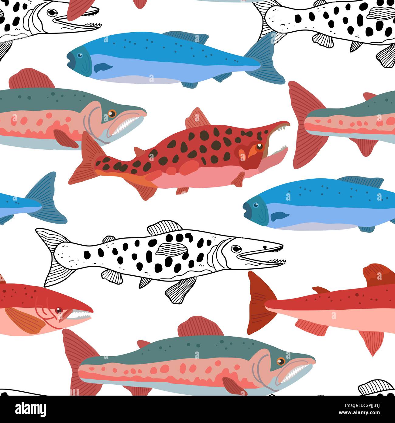 Seamless pattern with doodle salmon fish in modern original trendy style. Colorful vivid print for design. Vector hand drawn illustration. Stock Vector