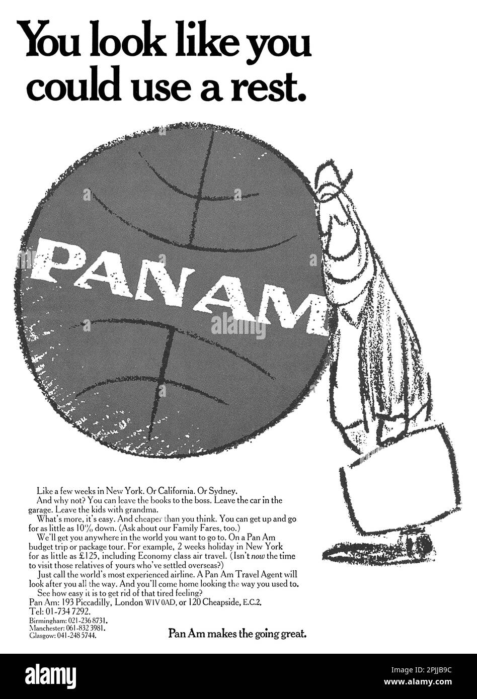 1970 British travel advertisement for Pan Am - Pan American Airways. Stock Photo
