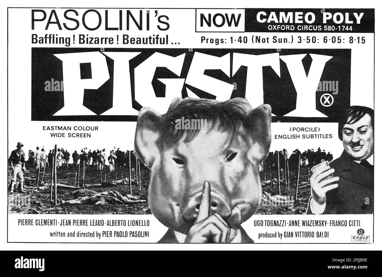 1970 British advertisement for the Pier Paolo Pasolini film Pigsty, starring Pierre Clementi, Jean Pierre Leaud, Alberto Lionello, Ugo Tognazzi, Anne Wiazemsky and Franco Citti. Stock Photo