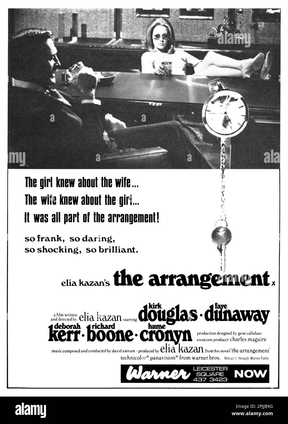 1970 British advertisement for the film The Arrangement. Directed by Elia Kazan and starring Kirk Douglas, Faye Dunaway, Deborah Kerr, Richard Boone and Hume Cronyn. Stock Photo