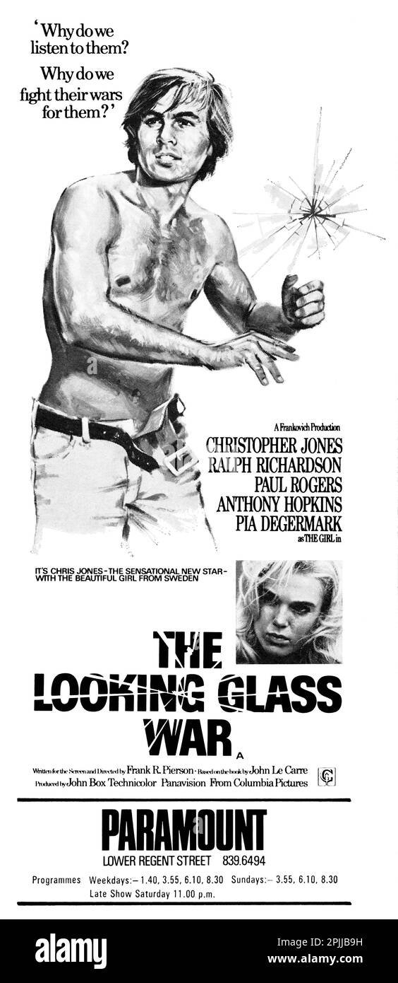 1970 British advertisement for the film The Looking Glass War, starring Christopher Jones, Ralph Richardson, Paul Rogers, Anthony Hopkins and Pia Degermark. Directed by Frank R. Pierson from the book by John Le Carré. Stock Photo