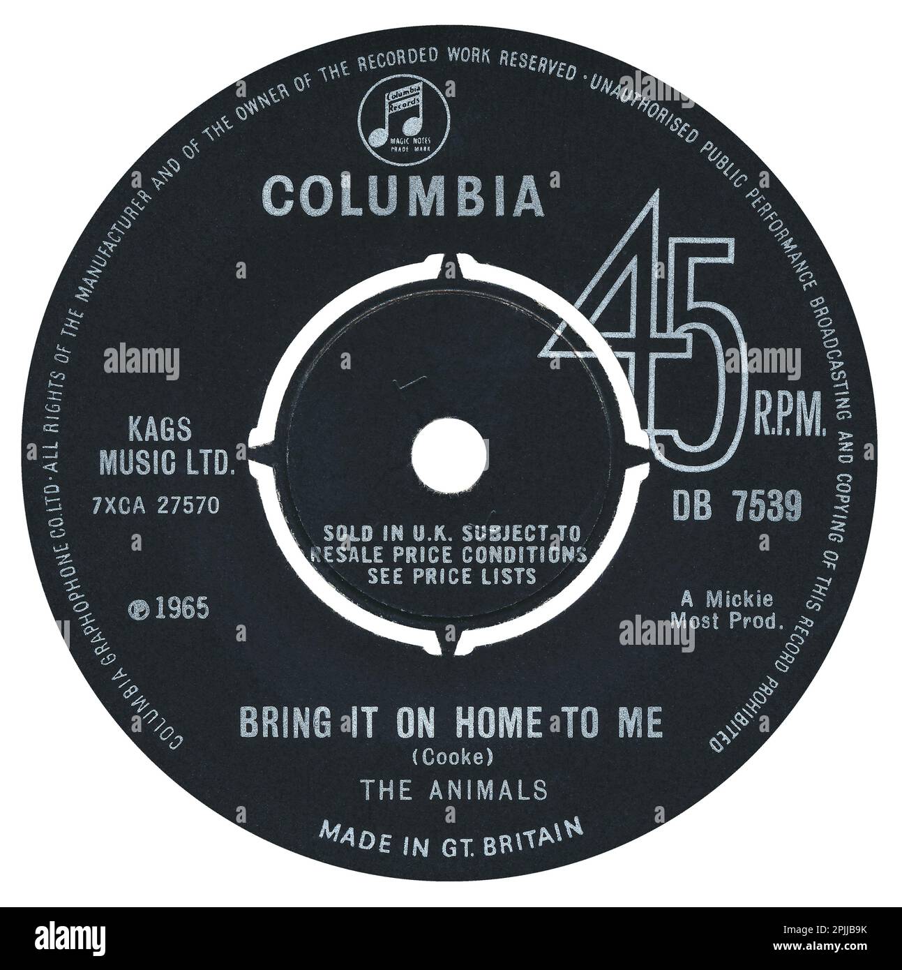45 RPM 7' UK record label of Bring It On Home To Me by The Animals on the Columbia label from 1965. Written by Sam Cooke and produced by Mickie Most. Stock Photo