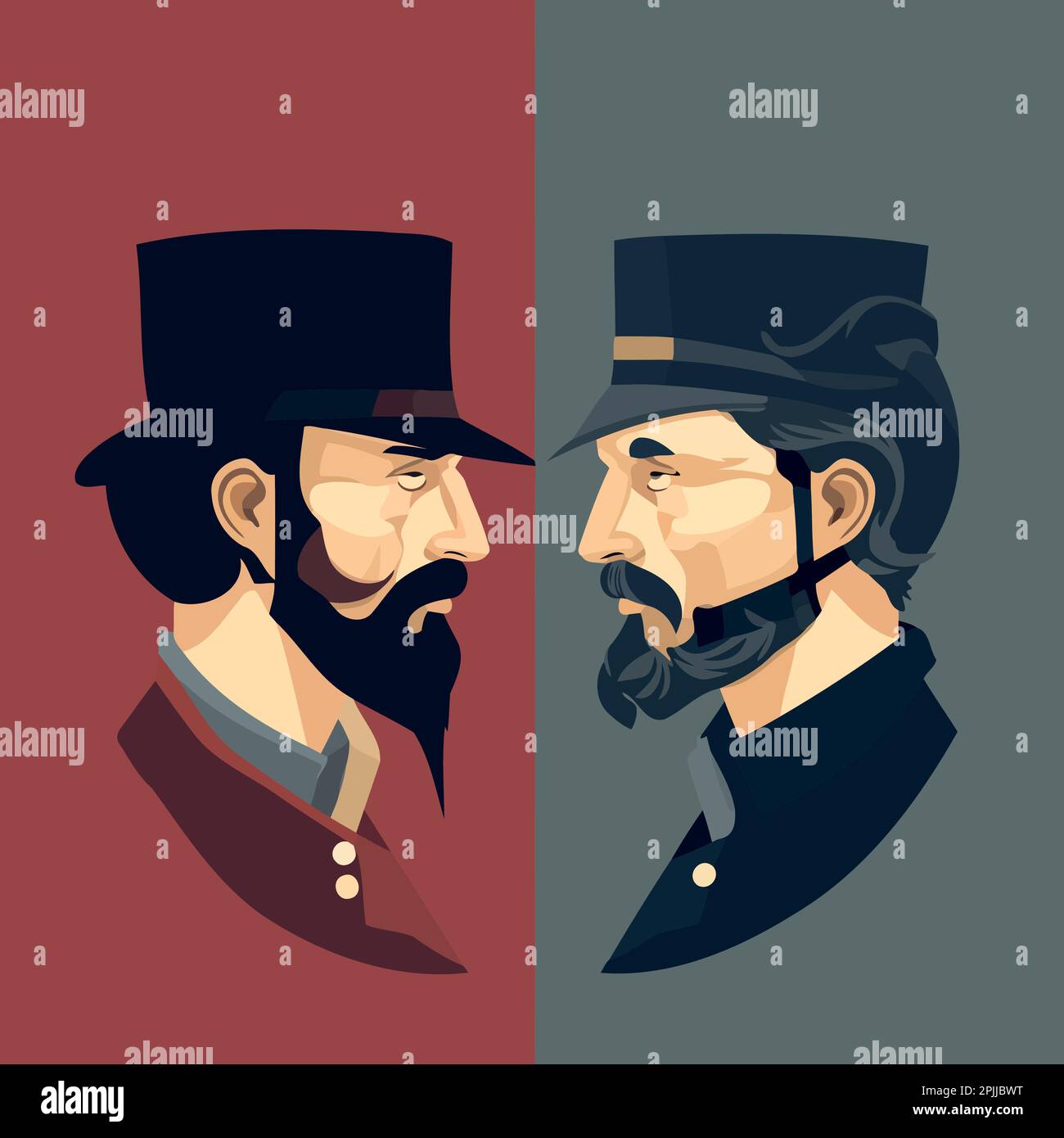 American civil war depicted by two men confronting each other Union vs Confederacy minimalist vector illustration Stock Vector