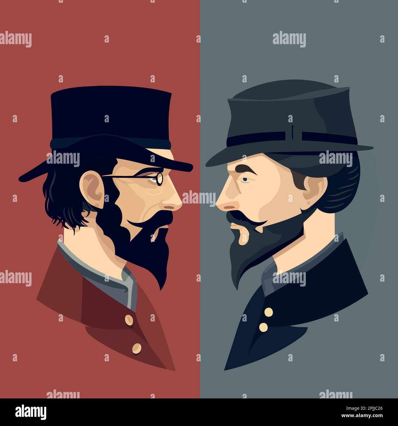 American civil war depicted by two men confronting each other Union vs Confederacy minimalist vector illustration Stock Vector