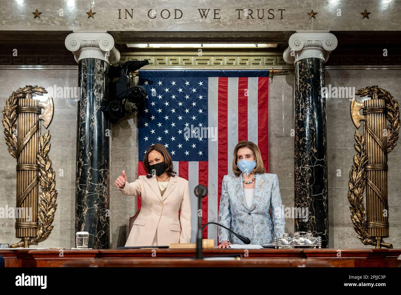 Vice President Kamala Harris and Speaker of the House Nancy Pelosi  after President Joe Biden delivered a speech in the House Chamber of the US Capitol for his Joint Address to Congress, Wednesday, April 28, 2021 in Washington, DC. (Official White House Photo by Lawrence Jackson) Stock Photo