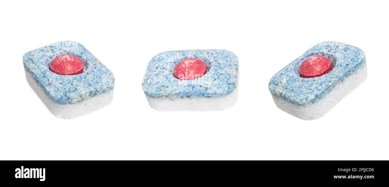 Dishwasher tablet isolated on white background. Macro shot. Dishwasher
