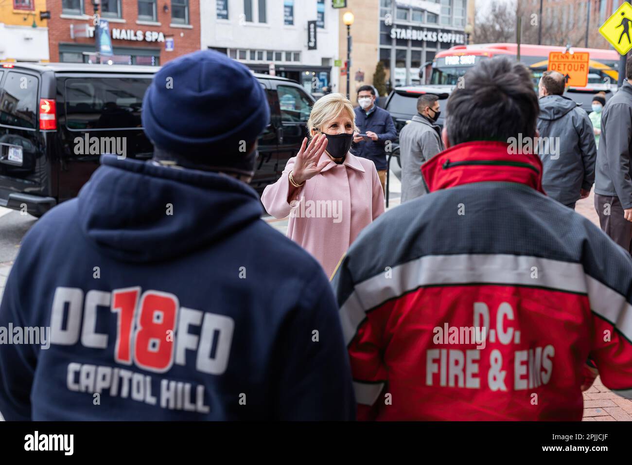 First Lady Jill Biden greets Fire and EMS staff Friday, Feb. 12, 2021